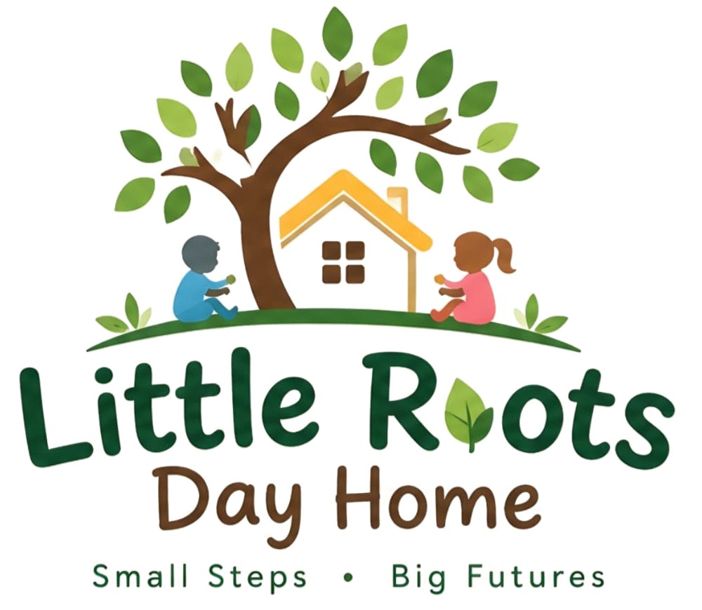 Little Roots Day Home logo: a tree and a small house on a green hill, with two children playing. Small steps, big futures.